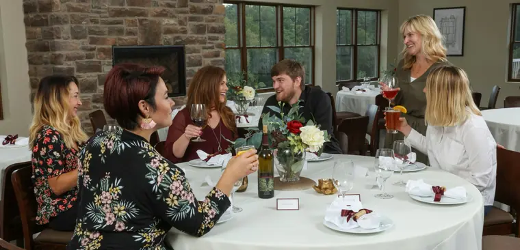 Friends talking around a dinner table with wine glasses