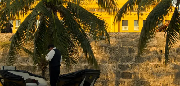Horse carriage by the old city wall in Cartagena, Colombia